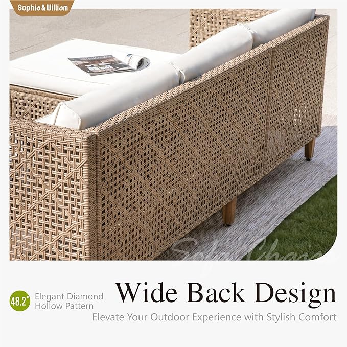 Sophia & William Outdoor Rattan Sofa Set with Thick Cushions & Coffee Table – Weather-Resistant Patio, Garden & Deck Furniture (Beige)