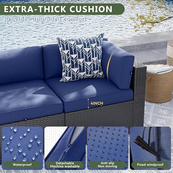 Aoxun 8 Piece Patio Furniture Set with 44” Fire Pit Table, Wicker Rattan Patio Sectional Sofa, Outdoor Furniture Set with Thickened Cushion, Blue