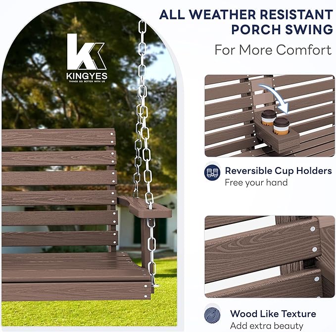 KINGYES Outdoor Hanging Porch Swing, Waterproof Swing with Cup Holders for Courtyard & Garden, 660LBS Weight Capacity, Brown