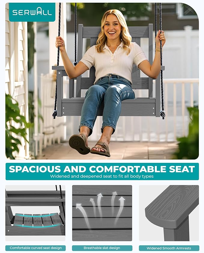 SERWALL HDPE Single Porch Swing Set of 2, Heavy Duty Single Person Swing Chair with 2 Polypropylene Hanging Ropes, Adirondack Hanging Chair for Outdoor Front Porch Patio Garden Yard, Gray