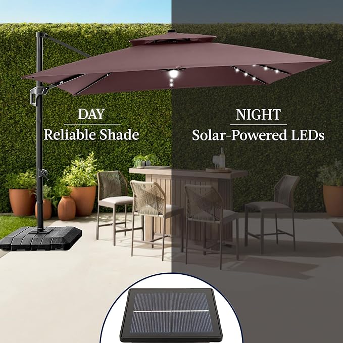 Best Choice Products 9x12ft LED Cantilever Patio Umbrella w/Base Included & 360° Rotation, Large Solar Offset Hanging Outdoor Sun Shade for Deck, Backyard Table w/Stand & Lights – Deep Taupe