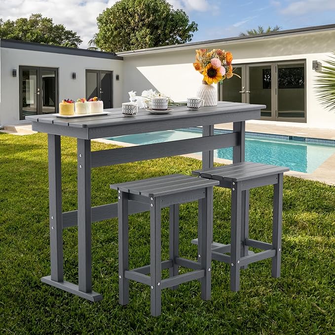 3 Pcs HDPE Outdoor Bar Set of 2 Includes Bar Height Table and Chairs, Patio Bar Stools Set for Bistro, Poolside, Backyard, Gray