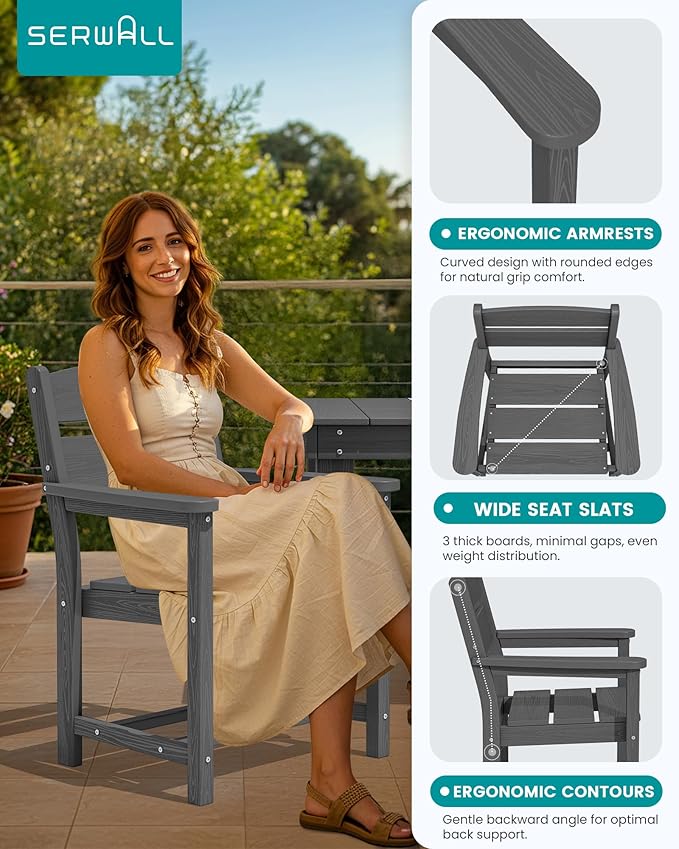SERWALL Outdoor Dining Table Set, 67‘’ HDPE Patio Dining Set for 6, Outdoor Table and Chairs Set with 1.6-inch Umbrella Hole for Deck, Grey