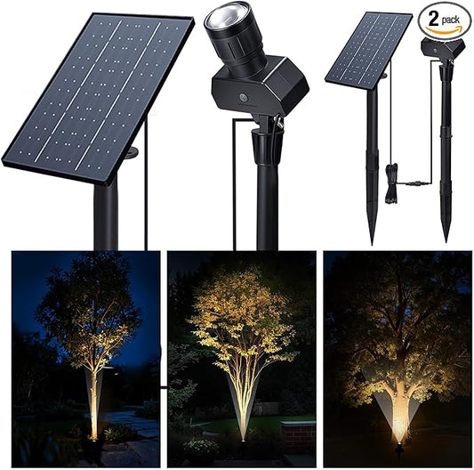 Solar Spot Lights Outdoor, Adjustable Angle Waterproof Landscape Spotlight, All Night LED Uplights Separate Panel, Warm & Daylight Selectable (3000k/4500k/6500k) for Tree Yard Garden 2 Pack