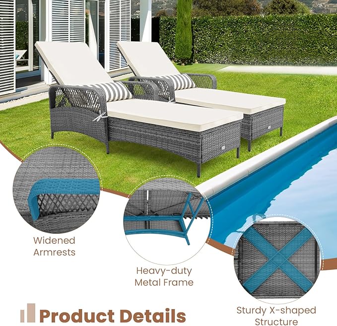 Tangkula Wicker Chaise Lounge Outdoor, Patio Rattan Reclining Chaise with 6-Gear Adjustable Backrest, Thick Padded Cushion & Removable Lumbar Pillow, Pool Lounge Chairs for Outside Balcony Backyard