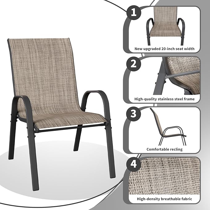 Patio Dining Chairs Set of 2, Outdoor Stackable Dining Chairs High Back, Patio Furniture for Backyard, Porch, Garden, Poolside (Brown)