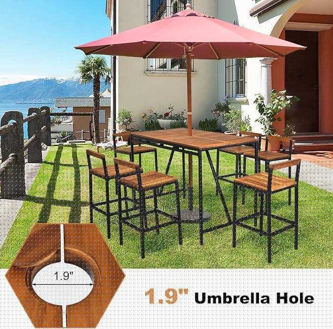 HAPPYGRILL 7 Piece Patio Bar Table Set with Umbrella Hole Acacia Wood High-Dining Bistro Set with 6 Bar Stools, PE Wicker Outdoor Bar Set for Backyard Patio and Poolside