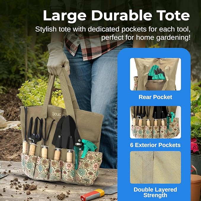 Scuddles Garden Tool Bag with 9 Piece Stainless Steel Gardening Kit | Includes Rust-Resistant Blades, Wooden Handles, Fingertip Claw Gloves & Reinforced Garden Bags | Landscaping and Planting Gift