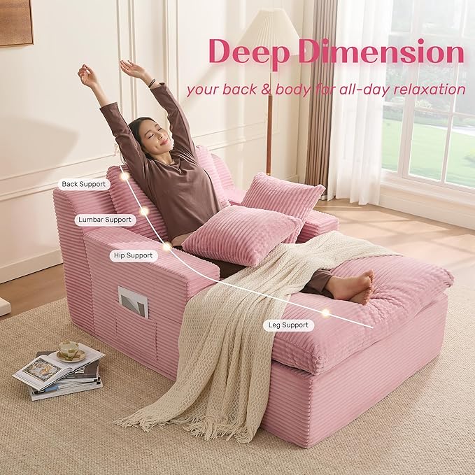 63" Chaise Lounge Chair Indoor, Set of Convertible Sleeper Sofa Couch with Throw Pillows & Side Pockets, Corduroy Upholstered Oversized Sofa Bed with Armrests for Living Room Bedroom, Pink