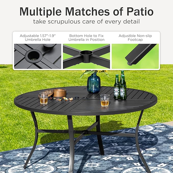 PHI VILLA 5 Pieces Outdoor Dining Set for 4, 42" Round Black Metal Table with Umbrella Hole & Wrought Iron Swivel Chairs, Large Outside Furniture with Red Cushions & Pillows for Patio, Deck, Porch