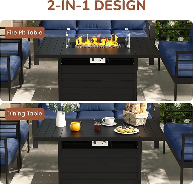 Solaste Aluminum Patio Furniture Set with 55 inch Fire Pit Table, 5 Piece Metal Outdoor Furniture with Water-Resistant Cushion, Modern Patio Conversation Set for Balcony, Front Porch, Backyard, Blue