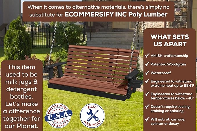 Poly Lumber Wood 5FT Porch Swing Amish Craftsmandship Made in USA HDPE with No wood fibers and 1000 lbs Limit. Stainless Steel Hardware.Signature Rollback design for Patio Outdoor Backyard Garden Park