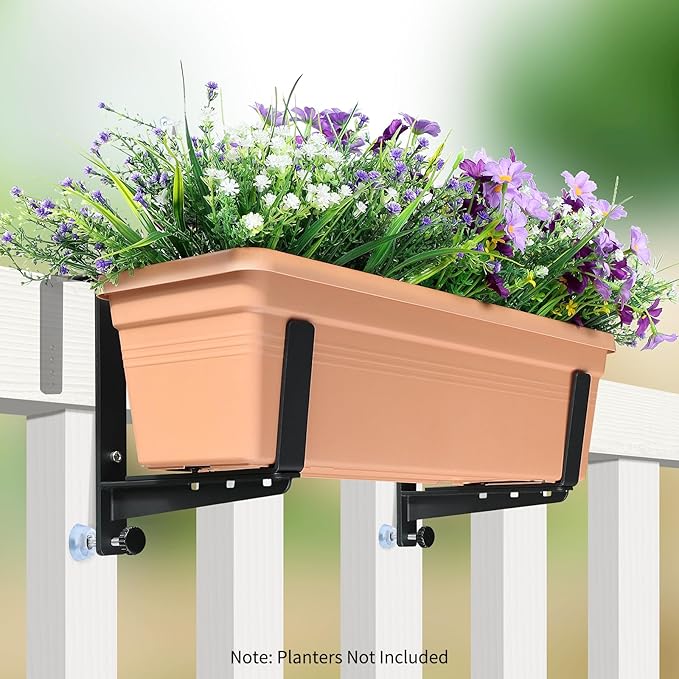 Window Box Brackets, Adjustable Planter Box Brackets, Heavy Duty Iron Flower Box Brackets for Railings, with Enhanced Bottom Support - Perfect for Balconies, Fences, and Gardens (Black, 4 Pack)