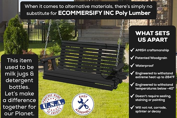 Poly Lumber Wood 4FT Porch Swing Amish Craftsmandship Made in USA HDPE with No wood fibers and 1000 lbs Limit. Stainless Steel Hardware.Signature Rollback design for Patio Outdoor Backyard Garden Park