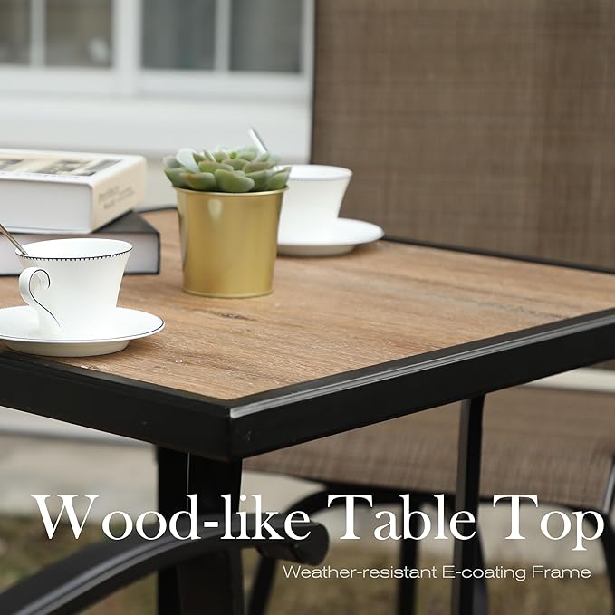 Sophia & William Outdoor Bar Set, Patio Bar Table & Chairs Set, Bar Height Patio Set - 2 x Swivel Bar Chairs(Brown), 1 x Square Bar Table(Wood-Like)