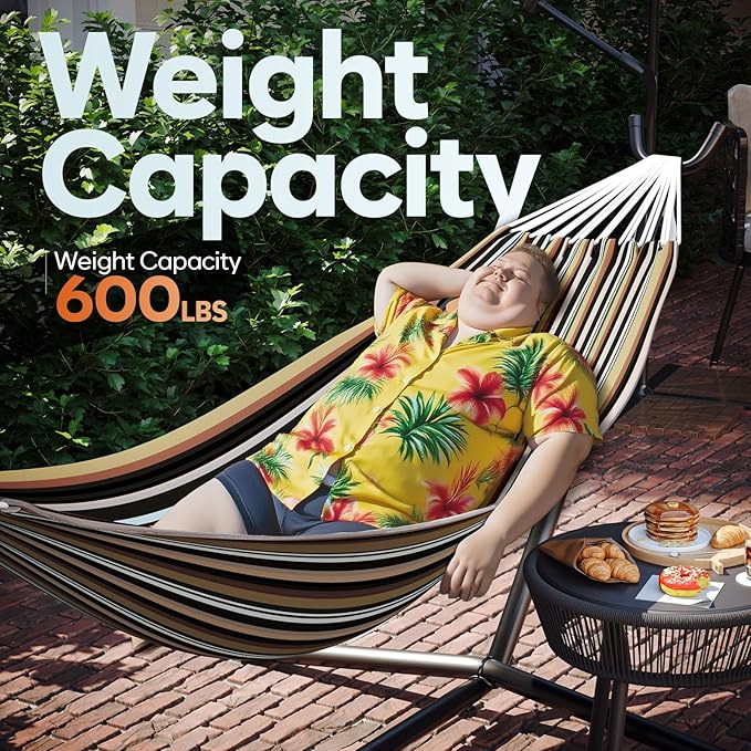 Hammock with Stand for Outside, 600lbs Portable Hammock with Steel Frame for 2-Person Outside Patio, Heavy Duty, Easy Assembly