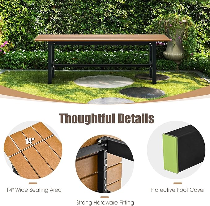 Giantex 2-Person Outdoor Bench Seat - Backless Patio Garden Bench, 47” Weatherproof Outside Chair with Slatted Seat, Metal Frame, 660 LBS Capacity, Dining Bench Chair for Yard, Park, Balcony, Brown