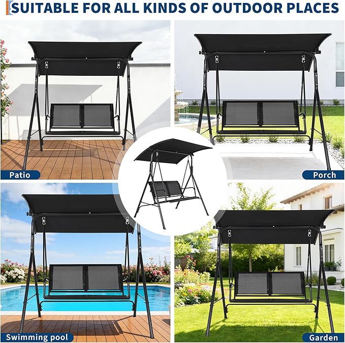 2-Seat Outdoor Patio Porch Swing with Stand, Waterproof Textilene & Adjustable Canopy, Steel Frame Swing Outdoor Chair for Backyard, Front Porch, Lawn, Garden