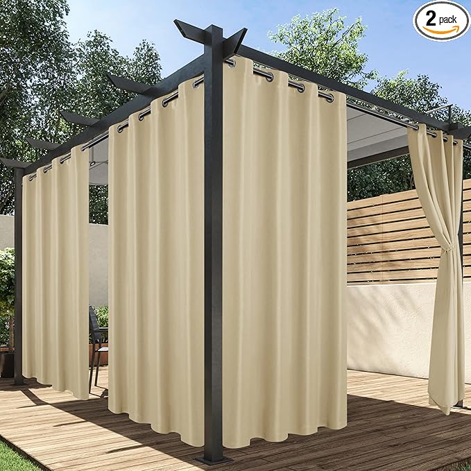 HolidayIdeas Outdoor Curtains for Patio Waterproof, 2 Panels - 84 x 108 Inch - Privacy Protection & Light Filtering Curtains Grommet Outside Curtains for Porch, Gazebo, Pergola, Backyard (Cream)