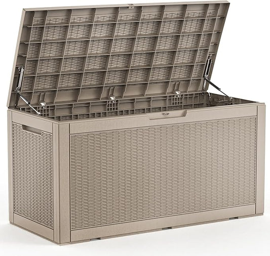ROJIK Outdoor Storage Housing Deck Box - Waterproof Patio Furniture, Garden Tools, Cushions, Pool Accessories Storage Bench with Lockable Lid and Side Handles (Grey 110 Gal)