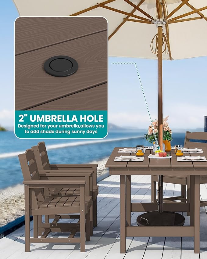 SERWALL Outdoor Dining Set for 6, HDPE Furniture Set with Umbrella Hole, All Weather Bench & Chairs, Coffee Table