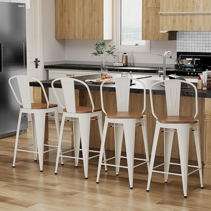 Alunaune 26" Swivel Metal Bar Stools Set of 4 High Back Counter Height Barstools Industrial Dining Bar Chairs with Large Wooden Seat-White