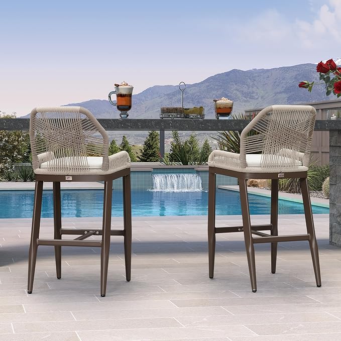 PURPLE LEAF Patio Bar Stool Bar Height Set of 2 Outdoor Rattan Chairs with Back Modern Aluminum Woven Barstools for Garden Indoor Kitchen Coffee