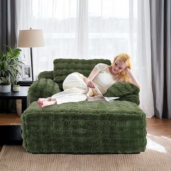 VINGLI 67.7" Oversized Chaise Lounge Chair Indoor Reading Chairs Comfy Bubble Fleece Upholstered Boneless Sofa Bed Sleeper Sofa Cloud Couches for Living Room, Bedroom, Play Room (Green)