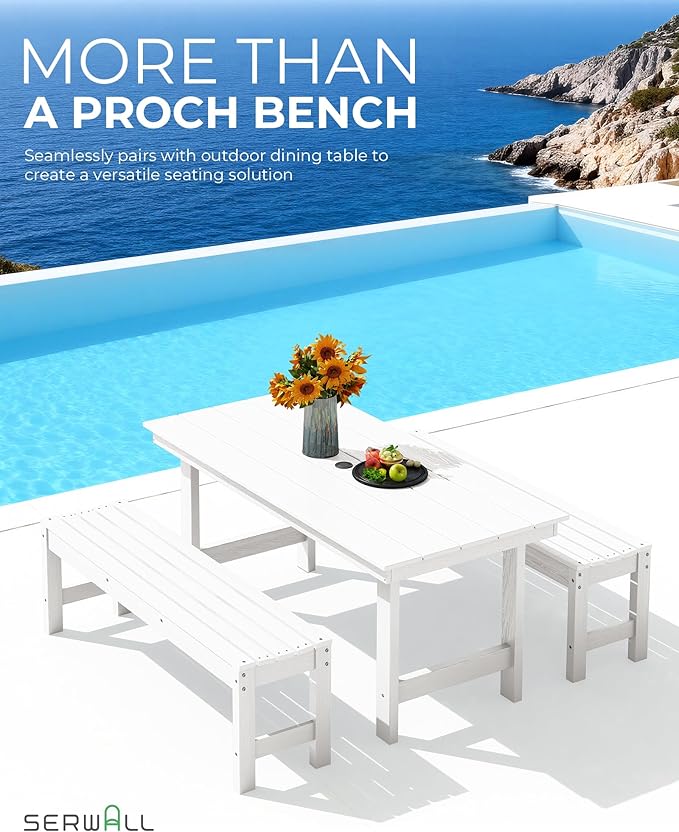 SERWALL 47 Inches Outdoor Bench Set of 2, All Weather HDPE Backless Bench with Wood Grain Texture for Garden Porch and Park, Curved Bench Seat for Comfort, White