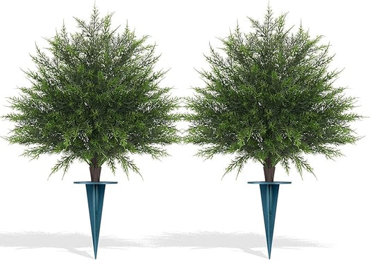 Artificial Cypress Topiary Bushes with Spike, 2 Pack Faux UV Resistant Cedar Ball Trees for Outdoor Planters, Fake Shrubs Plants for Porch Garden Decor