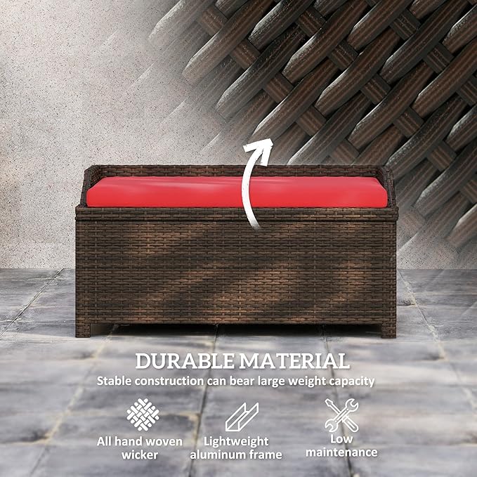 Outsunny 34 Gallon Outdoor Wicker Storage Bench Deck Box, PE Rattan Patio Furniture Pool Storage Bin Container with Interior Waterproof Cloth Bag and Comfortable Cushion, Red