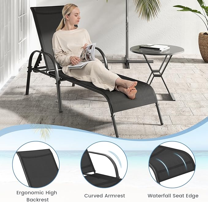 Giantex 2 Pack Patio Lounge Chair, Outdoor Chaise Lounge with 5 Adjustable Backrest, Sturdy Steel Frame, Sunbathing Recliner, Beach Chair, Tanning Chair for Outside, Yard, Balcony, Pool Chairs, Black