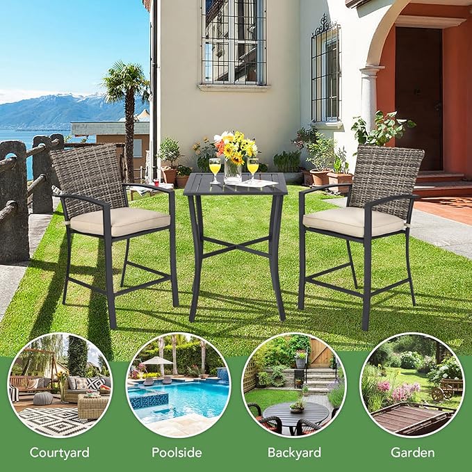 Tangkula 3 Piece Patio Bar Set, Outdoor Bistro Set w/ 27.5" Square Table, 2 Wicker Cushioned Chairs, Ergonomic Armrest & Backrest, All-Weather Rattan Furniture Set for Patio, Backyard, Garden