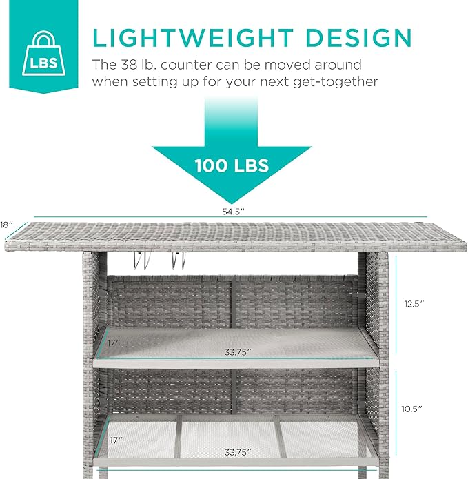 Best Choice Products Outdoor Patio Wicker Bar Counter Table Backyard Furniture w/ 2 Steel Shelves and 2 Sets of Rails - Gray