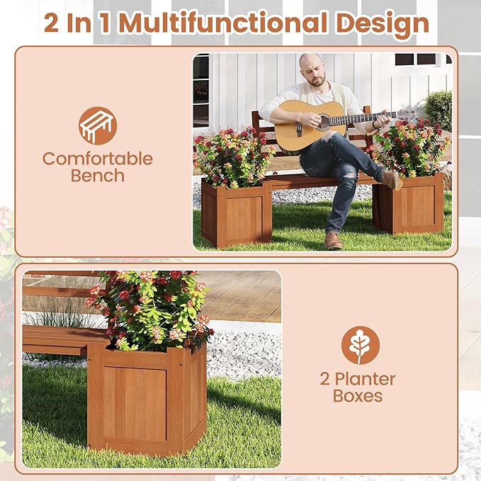 Giantex Set of 2 Outdoor Bench with Backrest, Wood Raised Garden Bed w/Open Base, Weather-Resistant Square Deep Planter Boxes for Flowers Fruit Vegetable, Bench Seat for Porch Yard Balcony Lawn