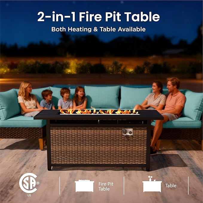 PHI VILLA 7-Piece Half Moon Patio Furniture Set with 56" Fire Pit Table, Outdoor Wicker Sectional Sofa with Cushions, Large Curved Conversation Seating for Garden or Backyard, Aqua Blue