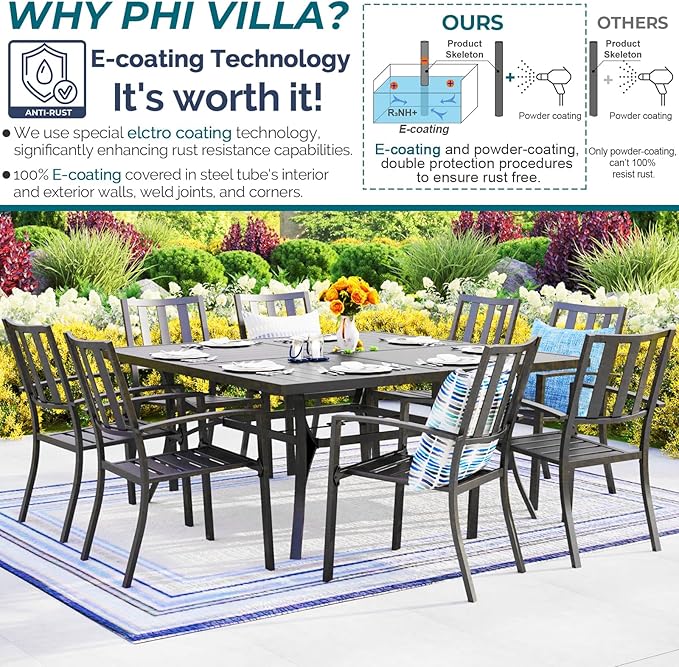 PHI VILLA 9 Pieces Outdoor Dining Set for 8, 60” Square Black Metal Table with Umbrella Hole & Stackable Iron Chairs, Large Outside Furniture Set for Patio, Deck, Yard, Porch