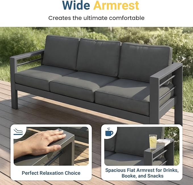 Wisteria Lane Aluminum Outdoor Patio Furniture Set, Modern Patio Conversation Sets, Outdoor Sectional Metal Sofa with 5 Inch Cushion and Coffee Table for Balcony, Garden, Dark Grey