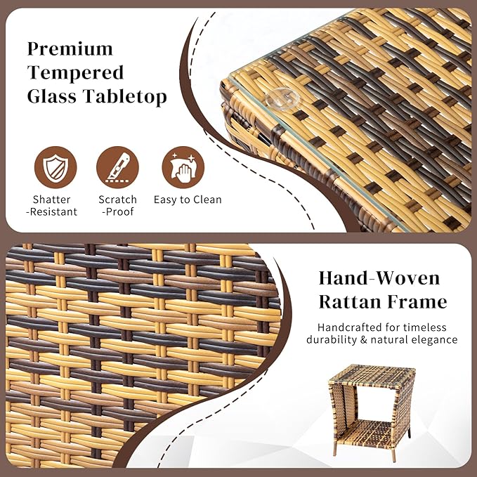 Wicker Rattan Side Table, Outdoor Square Rattan Coffee End Table with Tempered Glass Top and Storage for Patio Porch Lawn (Yellow Gradient)