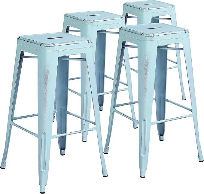 Flash Furniture Kai Commercial Grade 4 Pack 30" High Backless Distressed Green-Blue Metal Indoor-Outdoor Barstool