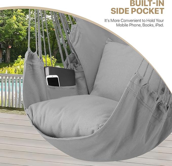 MoNiBloom Hammock Chair Hanging Rope Swing w/2 Cushions, Boho Macrame Hanging Chair Max 350 lbs Capacity w Pocket, Hardware Kit Included, Gray