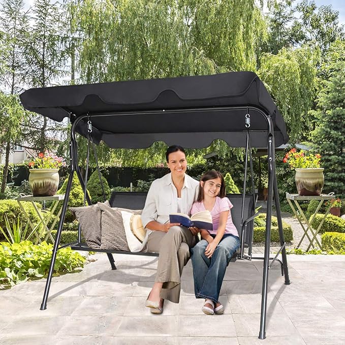 TANGKULA 3 Person Patio Swing, Steel Frame with Polyester Angle Adjustable Canopy, All Weather Resistant Swing Bench, Suitable for Patio, Garden, Poolside, Balcony (Black)