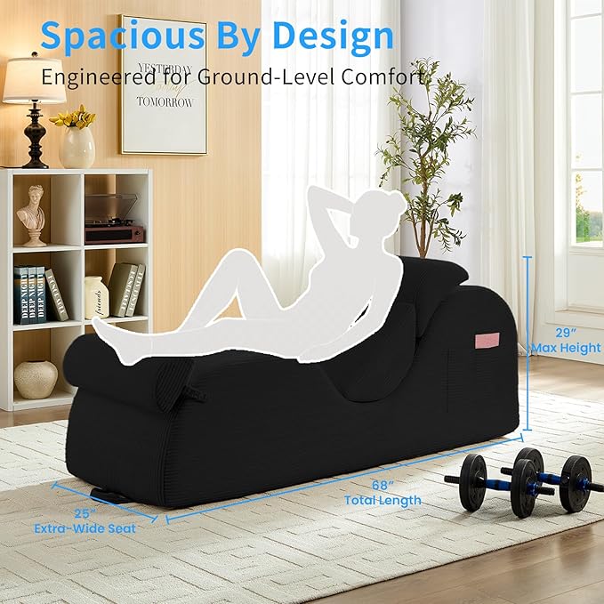 ijuicy 25" Wide Corduroy Yoga Chair, Yoga Lounge Chair for Adults, Chaise Lounge Chair Indoor/Yoga Lounger with Headrest, Waist Cushion, Movable Footrest, Side Pockets, High Density Sponge-Black
