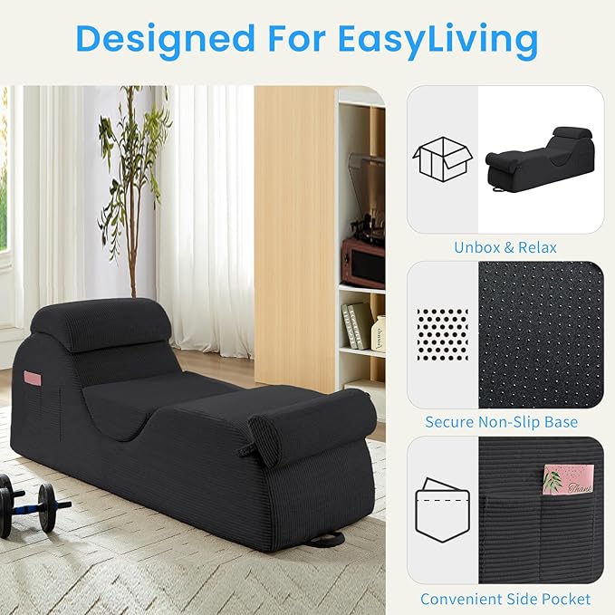 ijuicy 25" Wide Corduroy Yoga Chair, Yoga Lounge Chair for Adults, Chaise Lounge Chair Indoor/Yoga Lounger with Headrest, Waist Cushion, Movable Footrest, Side Pockets, High Density Sponge-Dark Grey