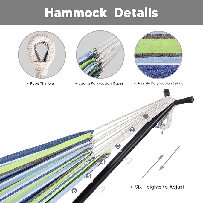 SUNCREAT 2-in-1 Convertible Backyard Fabric Hammock with Stand, Large Hammocks for Outside, Patented, Light Green Stripes