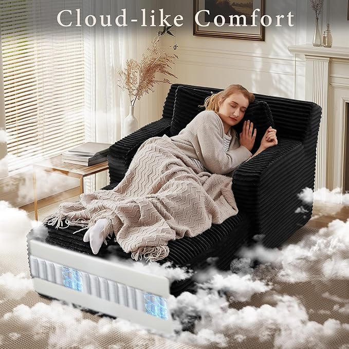 65.4" Chaise Lounge Chair Indoor, Oversized Boneless Chaise Lounge Comfy Sleeper Sofa Bed with 3 Pillows, Corduroy Cloud Reading Chair for Living Room No Assembly Required
