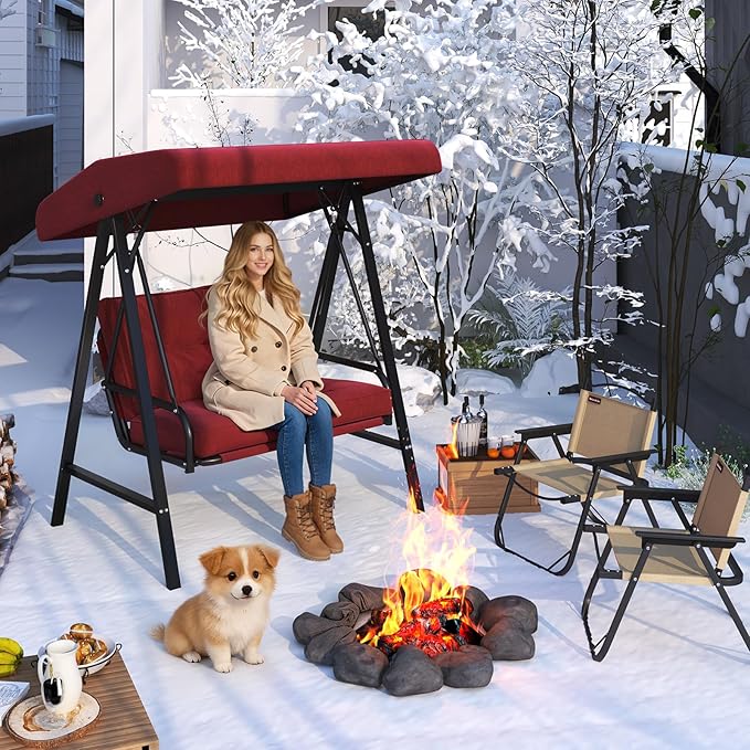 AECOJOY 2-Seat Outdoor Patio Swing Chair with Adjustable Canopy, Porch Swings Chairs for Adult, Outside Swing Bench with Removable Cushion, Suitable for Backyard, Garden, Yard, Poolside, Balcon, Red