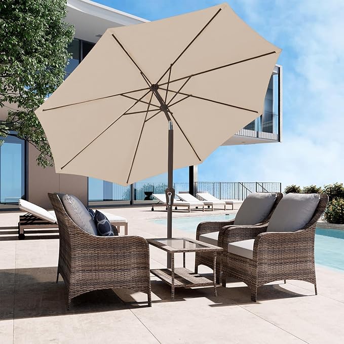 JEAREY 9FT Outdoor Patio Umbrella Market Umbrella with Push Button Tilt and Crank, Outdoor Table Umbrellas 8 Sturdy Ribs UV Protection Waterproof for Garden, Deck, Backyard, Pool (Cream Beige)