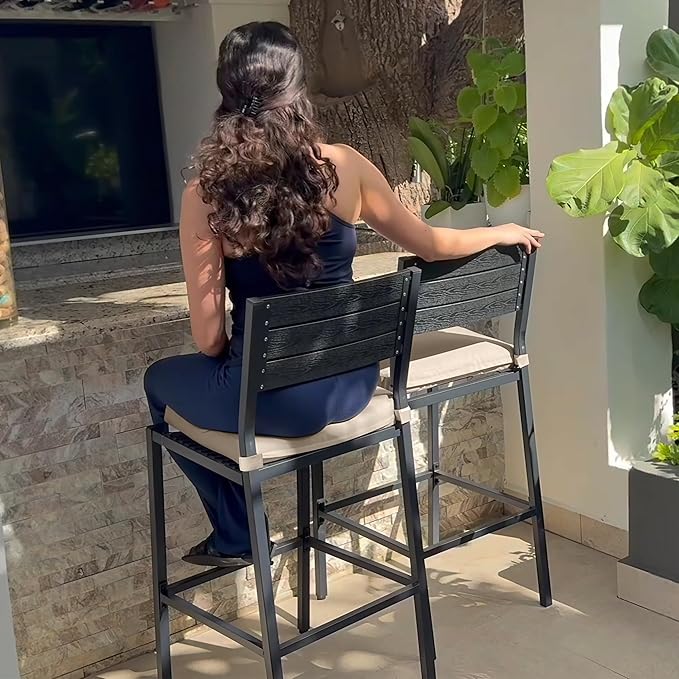 Crestlive Products Outdoor Bar Stools Set of 4, Patio Counter Height Barstools with Cushions, Tall Chairs with Back and Footrest for Deck, Lawn, Garden, Backyard, Poolside, Or Indoor Use (Beige)