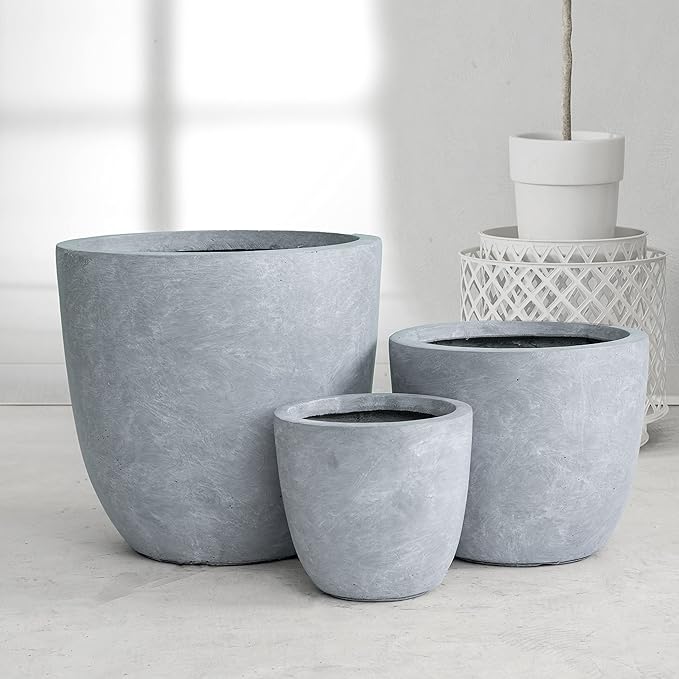 Kante 18",14",10" Dia Concrete Round Planters (Set of 3), Outdoor Indoor Large Planter Pots with Drainage Hole and Rubber Plug for Home Patio Garden, Gray